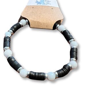 Black Clay Beads and White Beaded Stretchy Bracelet w/ Silver Accents